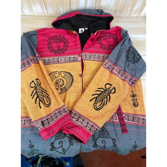 Bohemian Zodiac Tribal Boho Size XL Hooded Button Jacket Cotton Sweatshirt Nepal - Picture 6 of 15
